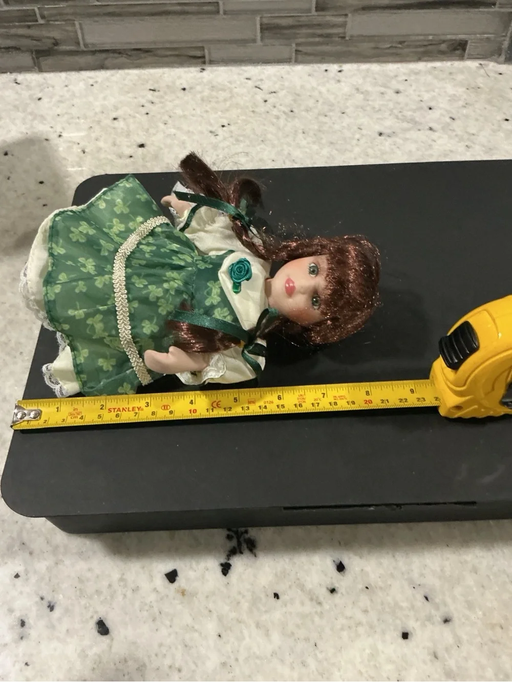 Vintage 8” Porcelain Doll Green Shamrock Dress Braided Hair Collectible Figure